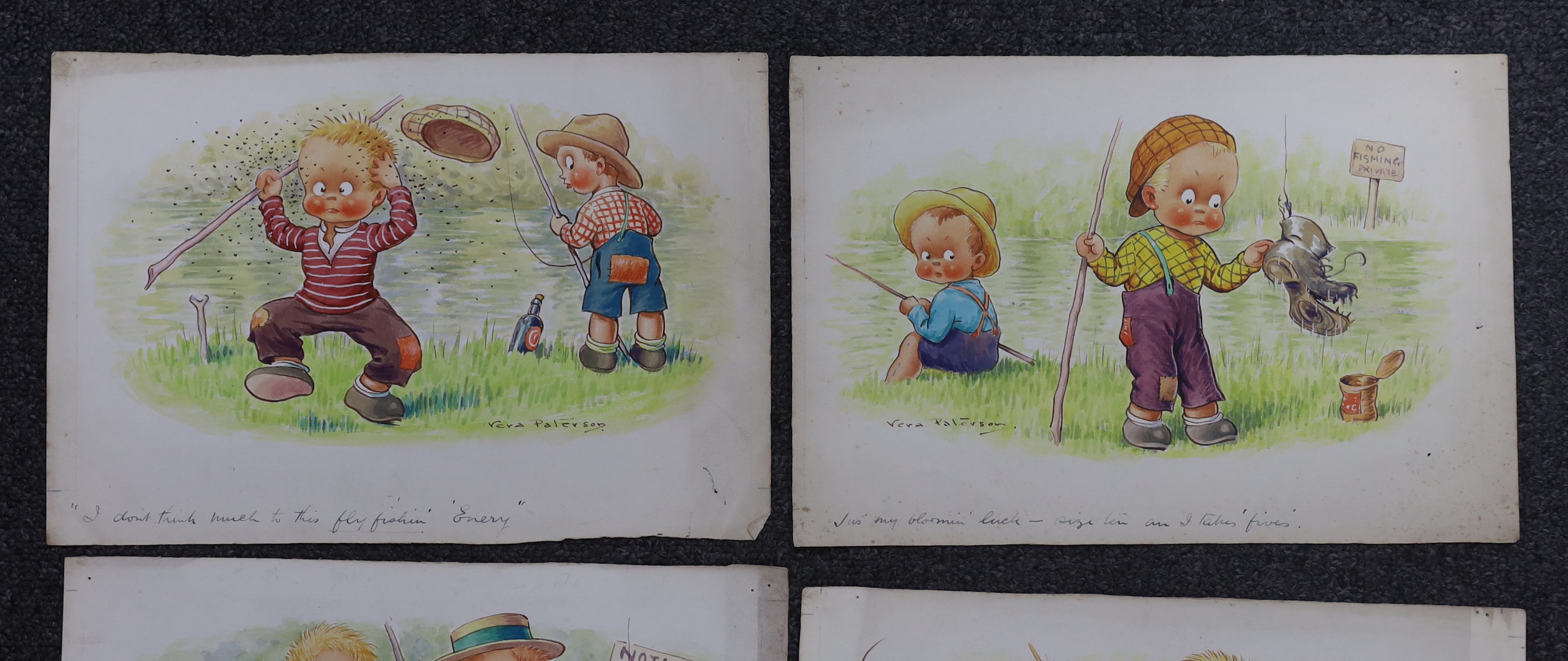 Vera Paterson (Reg Maurice), set of six 20th century watercolours on card, Humorous children, original postcard designs, signed and inscribed, 28 x 19cm, unframed